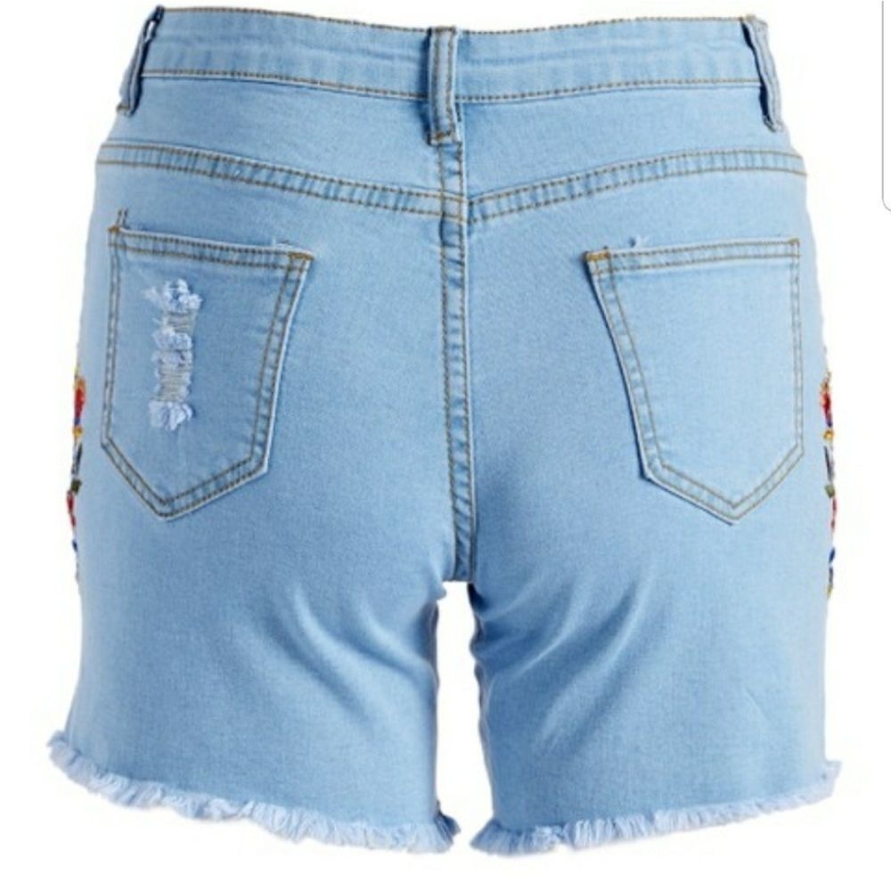 Ananda Denim Blue Distressed Embroidery Short - Picture 3 of 3